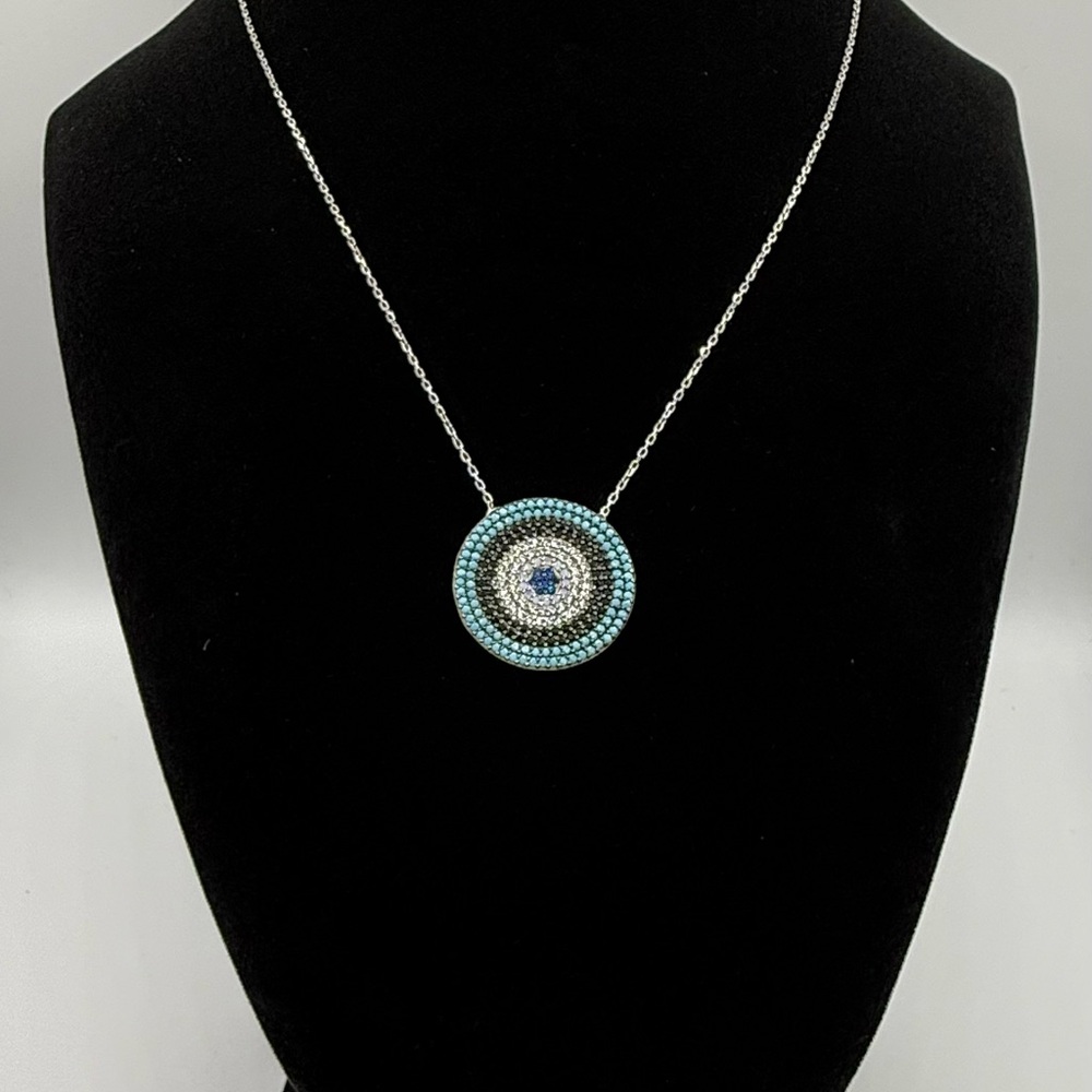 925 Sterling Silver Blue Evil Eye Zircon Dark Blue, Turquoise Necklace